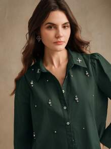 Anewsta 春夏优雅派对休闲通勤绿色水钻装饰女士长袖衬衫，情人节假期 - 墨綠色 - 查看 4