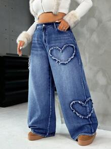 SHEIN ICON Plus Size Sexy Heart Straight Leg Blue Jeans - Dark Wash - View 4