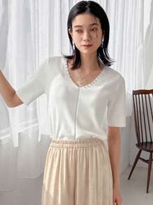 FRIFUL Áo len dệt kim cổ chữ V tay ngắn thường ngày đính hạt trang trí cho nữ - trắng - Xem 8