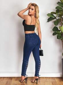 SHEIN SXY 美式女式牛仔裤，夏季新款松紧腰带搭配抽绳设计，修身紧身裤腿