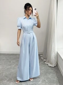 Breezaya French Elegant Elegant Versatile Collared Button Puff Sleeve Cinched Waist Wide Leg Jumpsuit, Blue, Spring/Summer - Baby Blue - View 7