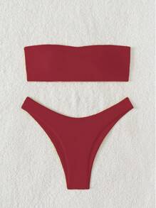 Swim Mod Springbreak Solid Color Bandeau Bikini Set, Vacation Beach - Burgundy - View 5