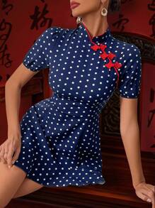 Rafferiza 女士圆点中式迷你连衣裙 - 寶藍色 - 查看 4