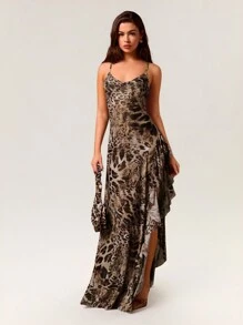 Glamine Women's Jungle Camo Maxi Dress: Sexy Leopard Print With High Slit And Ruffle Detail Women Dresses Vacation