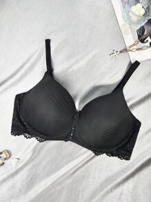 Plus Size Lace Trim Smooth Stripe Underwire Bra Lingerie - Black - View 4