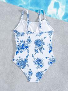 SHEIN Tween Girls One Piece Is Fashionable, Casual, Elegant, With Blue And White Flower Patterns. It Is Knitted In One Piece Without Cuff And Pleated. The Thin Design Is Suitable For Summer Vacation And Swimming - Multicolor - View 6