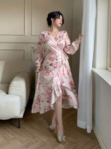 DAZY Damen V-Ausschnitt Rüschen Saum gebundenes Blumen Midi Kleid Abendkleid, Herbstkleid Langarm Kleid Elegante Damenkleider - Pink - Übersicht 5