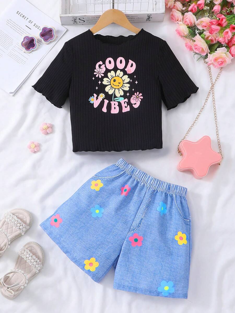 2pcs/Set Tween Girls' Cute Letter & Cartoon Print Ribbed Short Sleeve Top And Denim Effect Print Shorts Set, Summer - Black - View 1