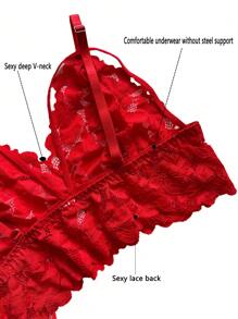 SHEIN 2 件大码性感女士蕾丝内衣套装 - 紅色 - 查看 7