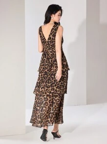 Modelyn Vestito casual senza maniche con scollo a V e stampa leopardata da donna - Castano - Visualizzare 3