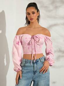 Glamine Floral Print Off Shoulder Tie Neck Bow Cuff Long Sleeve Elegant Blouse For Women, Spring/Summer Tops Pink Tie Up Top - Multicolor - View 3