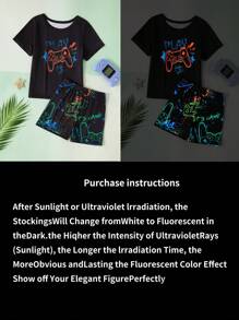 SHEIN 2 件男童夜光电子游戏全身印花睡衣套装，简约时尚短袖上衣和短裤，舒适家居服（1 套单独出售）