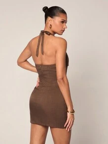 Glamine Women's Solid Color Split Front Tie Bust Cup Back Tie Zipper Fashionable Sexy Spaghetti Strap Vest Dress - Dress, Valentine's Day - Brown - View 2