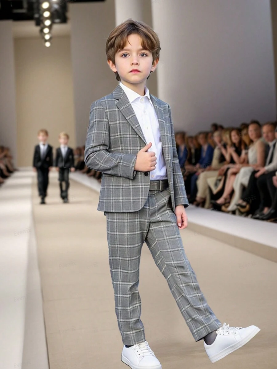 SHEIN 2 件套男童西装套装：剪裁格子西装外套和松紧腰裤。采用柔软、抗皱面料制成，适合春季、秋季和冬季场合，如派对、婚礼和学校 - 黑色 - 查看 1