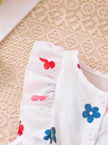 2pcs Baby Girl Cute Bow & Floral Ruffles Decor White Dress & Hat Set, Suitable For Spring/Summer Holiday And Outdoor Play - White - View 7