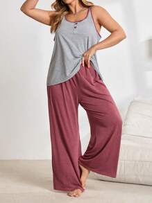 Lazeform Conjunto de pijama de talla grande con chaleco y pantalones de punto informal en bloques de color