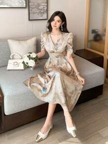 DAZY 女士V领印花灯笼袖中长连衣裙，荷叶边复活节连衣裙 - 杏色 - 查看 6