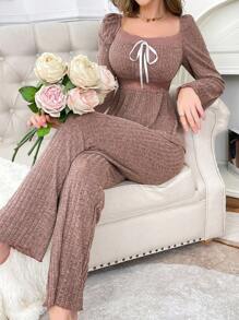 2pcs Women Lace Patchwork Square Neck Sleepwear Pajama Set , Fall Winter Clothes - Dusty Pink - View 7