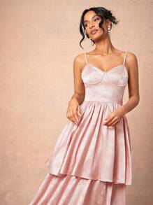 L'Amorae Abito lungo con bustier a balze, ricamato a fiori con decori in perle - Rosa - Visualizzare 4
