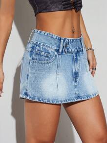 SHEIN ICON Minifalda corta de mezclilla con cintura baja y dobladillo deshilachado para mujeres - Lavado ligero - Ver 5