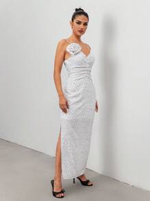 Chiquease 女士时尚波尔卡圆点印花荷叶边前开衩无袖连衣裙，春夏 - 白色 - 查看 3