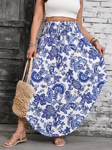 SHEIN VCAY Plus Size Holiday Blue & White Mixed Retro Print Drawstring Waist Asymmetrical Hem Boho Loose Casual Beach Skirt, Western Wear For Women, Festival, Boho, Hippie, Cowgirl Outfit, Bohemian, Summer Outfits For Women, Beach, Summer Clothes For Women, St. Patrick's Day Outfit, Spring Outfits For Women