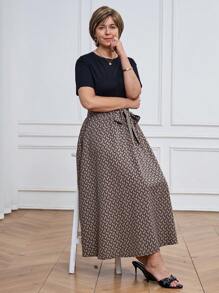 SHEIN LUNE Women Long Geometric Print Casual Knotted Waist Skirt - Multicolor - View 4