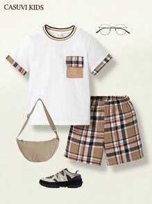 SHEIN 2 stuks/set peuterjongens casual campus geruit patchwork korte mouwen T-shirt met bijpassende geruite shorts, losse pasvorm, geschikt voor dagelijks gebruik in de zomer