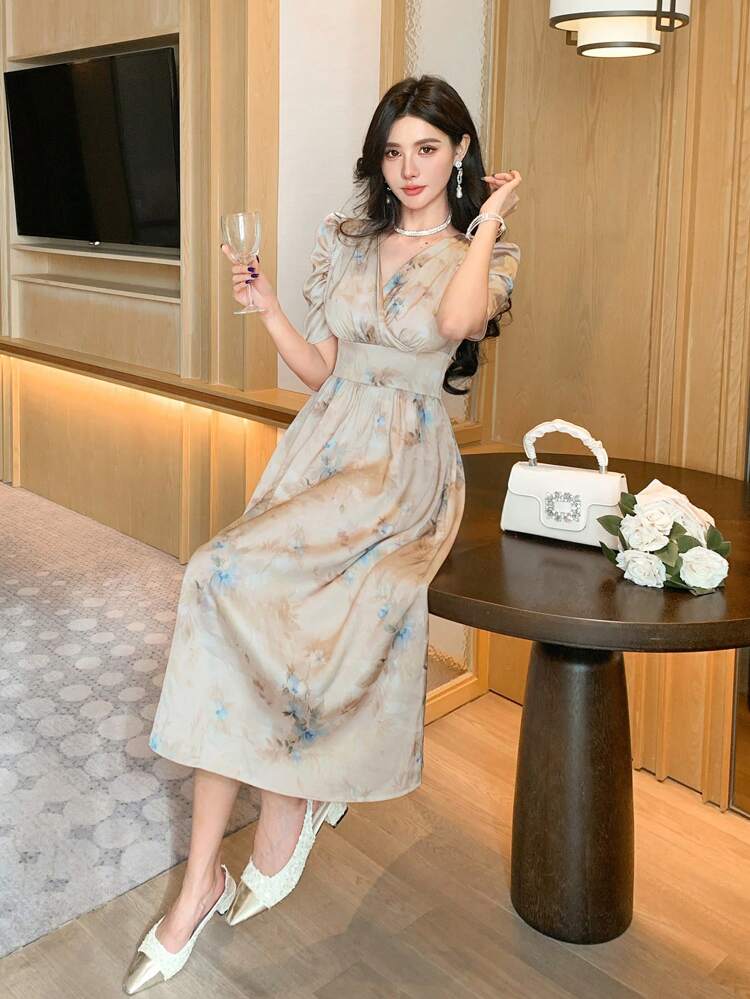 V-Neck Floral Print Balloon Sleeve Mid-Calf Dress For Women, Ruffle Easter Dress