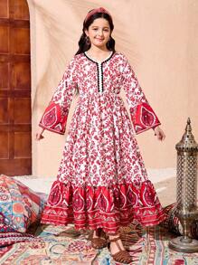 Tween Girls Loose Flare Sleeve Dress For Vacation - Multicolor - View 4