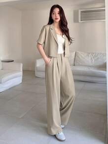 DAZY 两件套女士纯色短款西装外套和阔腿裤套装，教师职业装