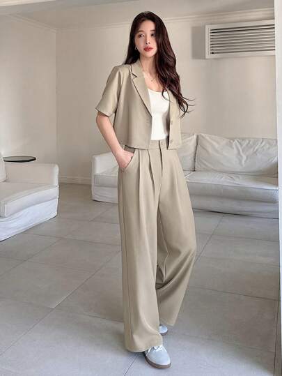 DAZY Bộ đồ nữ 2 món gồm áo blazer ngắn và quần ống rộng màu trơn, trang phục giáo viên, trang phục công sở, lễ Phục sinh.
