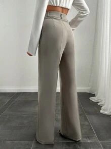 RueChic Women's Solid Color Front Button Minimalist Casual Long Pants, Everyday Wear - Grey - View 2