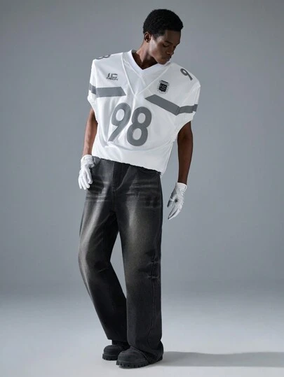 NEON BLANC 男士街头时尚黑色编织宽松长牛仔裤