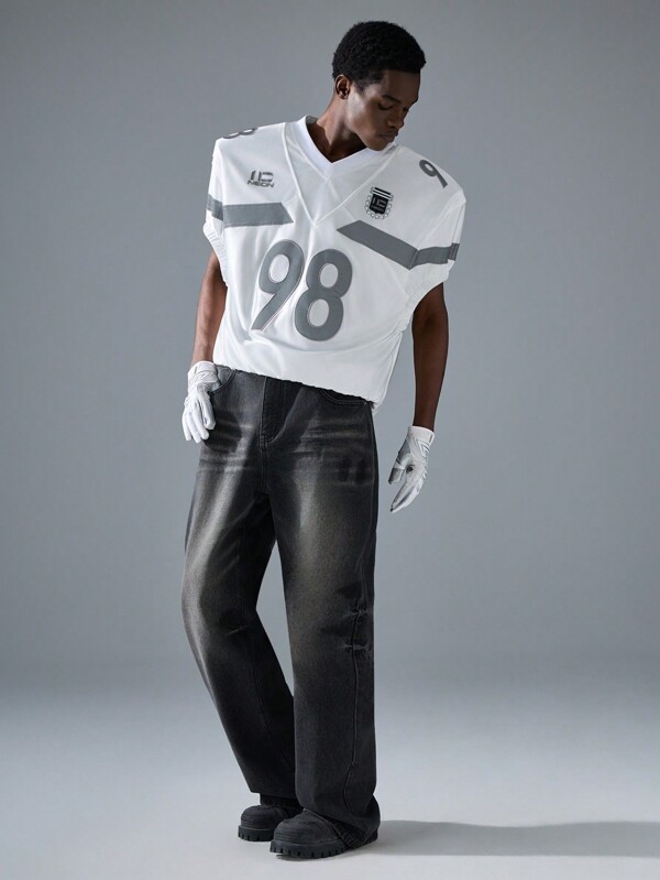 NEON BLANC Pantalones vaqueros de mezclilla negros sueltos y tejidos de moda callejera para hombres