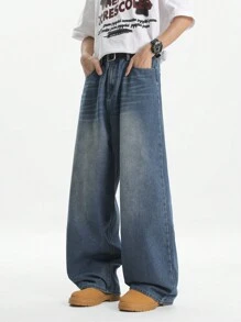 Manfinity Hypemode Men's Retro Dark Blue Washed Loose Relaxed Wide-Leg Jeans, Urban Chill - Dark Wash - View 1