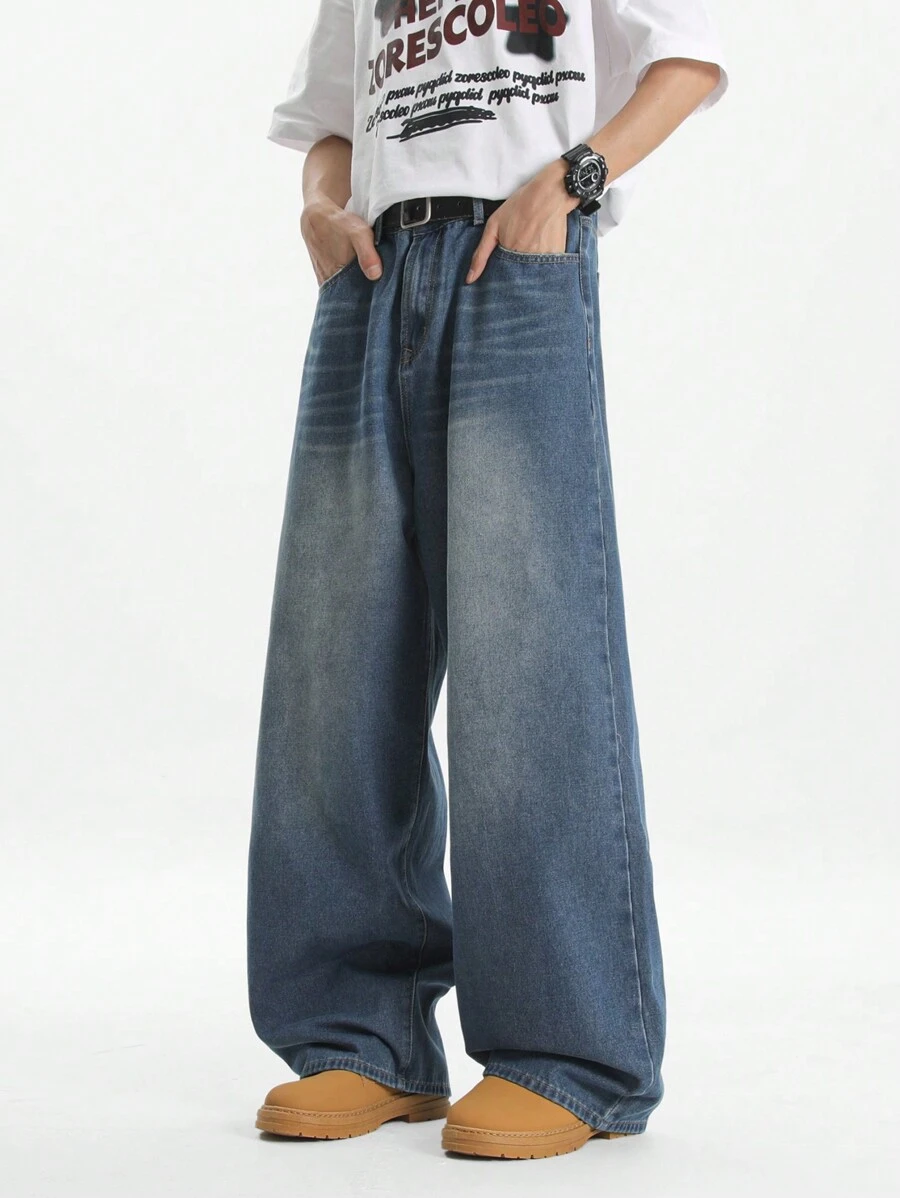 Manfinity Hypemode Men's Retro Dark Blue Washed Loose Relaxed Wide-Leg Jeans, Urban Chill - Dark Wash - View 1