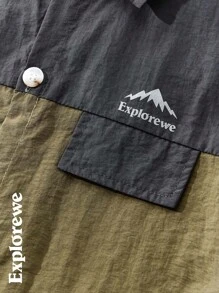 SHEIN 2 件套 Tween 男童 Mountain 字母印花短袖衬衫和裤子套装 - 軍綠色 - 查看 4