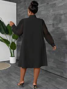 Maweii 大码优雅纯色长袖蝴蝶结领口连衣裙，春季/秋季 - 黑色 - 查看 2