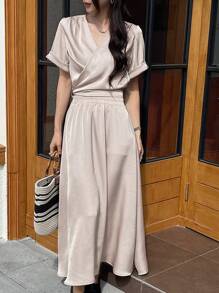 DAZY 2件套女士纯色短袖衬衫和裙子套装