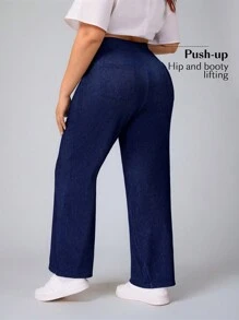 SHEIN CURVE+ 大码纯色高腰舒适柔软休闲透气百搭牛仔裤 大码阔腿裤 大码裤 曲线款大码裤 女士阔腿裤 弹力阔腿裤 - 藍色 - 查看 2