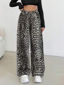 EURMUSE Women's Front Button Pocket Leopard Print Simple Casual Pants, For Everyday Wear - Multicolor - View 5