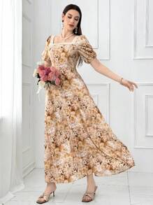 Modelyn Rochie de damă cu mâneci bufante, cu imprimeu floral, cu decolteu pătrat, elegantă