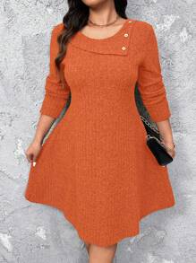 SHEIN LUNE Plus Size Crew Neck Long Sleeve Button Casual Short Dress