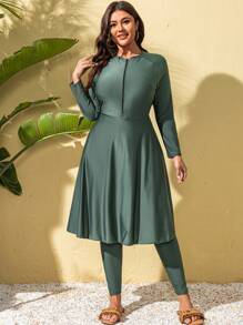 Swim Mulvari Plus Size Solid Color Front Zipper Long Sleeve Casual Top & Pants Burkini Set, For Summer Beach VacationArabic Clothing