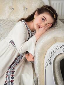 Young Girls Ramadan Collection V-Neck Flared Long Sleeve A-Line Dress With Elastic Waist, Digital Print, For Spring/Summer - White - View 5