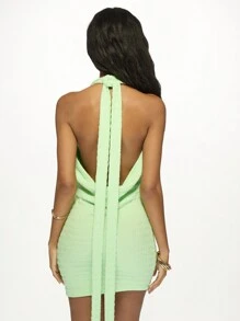 MISSGUIDED Cowl Front Halter Neck Mini Dress Evening Party Club Ruched Bodycon Dress Sleeveless Spring Summer Night Out Dress - Green - View 2