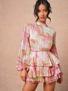 L'Amorae High Neck Open Back Long Sleeve Romper - Multicolor - View 4