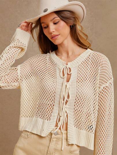 WESTFADE Spring Summer Open Knit Crewneck Bow Tie Front Boxy Cropped Long Sleeve Cardigan Sweater Western Wear Women