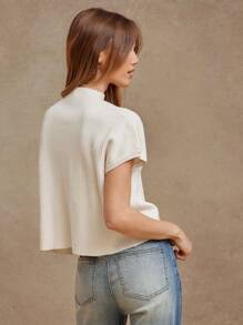 WESTFADE 立领短袖罗纹针织胸袋毛衣上衣 女式西式服装 - 米色 - 查看 2